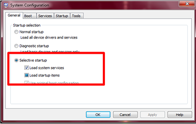 In the General tab, choose the option for Selective startup.
Uncheck the box that says Load startup items.