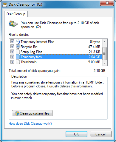 In the General tab, click on Disk Cleanup.
Check the boxes for the types of files you want to delete and click OK.
