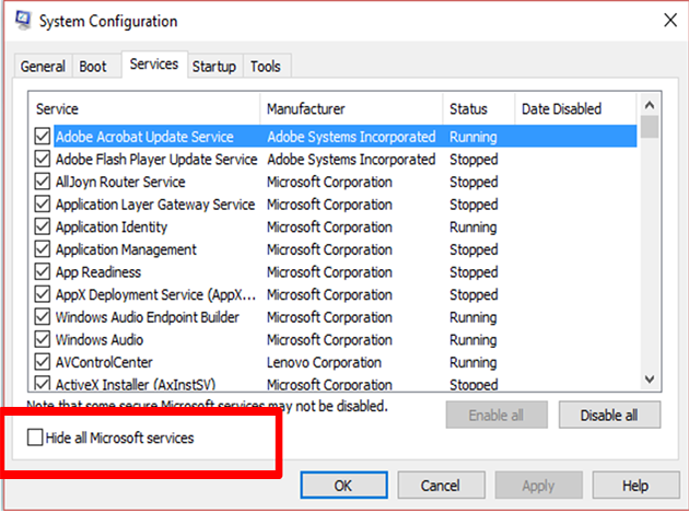 In the General tab, select "Selective startup" and uncheck the "Load startup items" option.
Go to the "Services" tab, check the "Hide all Microsoft services" box, and click on "Disable all."