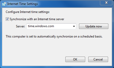 In the Internet Time tab, click on Change settings.
Check the box next to Synchronize with an Internet time server.
