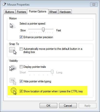 In the Mouse Properties window, navigate to the Pointer Options tab.
Check the box next to Show location of pointer when I press the CTRL key.