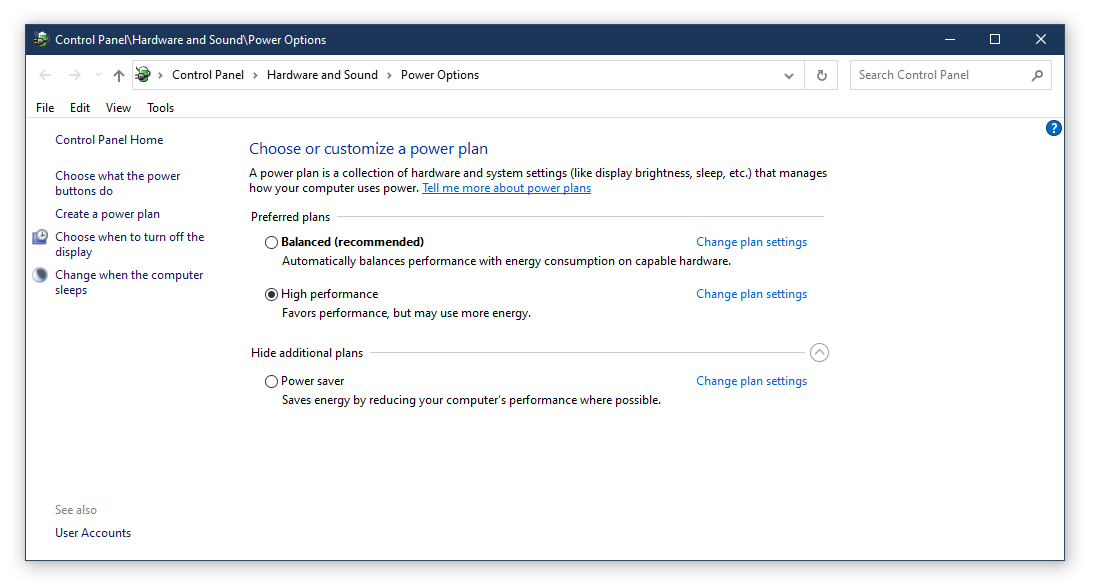 In the Power Options window, select the power plan you are currently using.
Click on Change plan settings next to the selected power plan.
