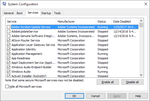 In the System Configuration window, click on the Services tab.
Check the box that says "Hide all Microsoft services".