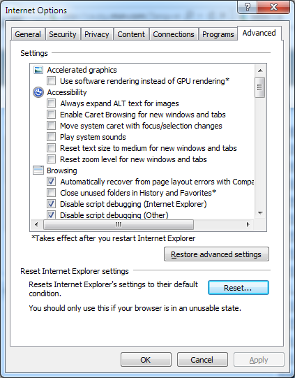 Internet Explorer white screen error message