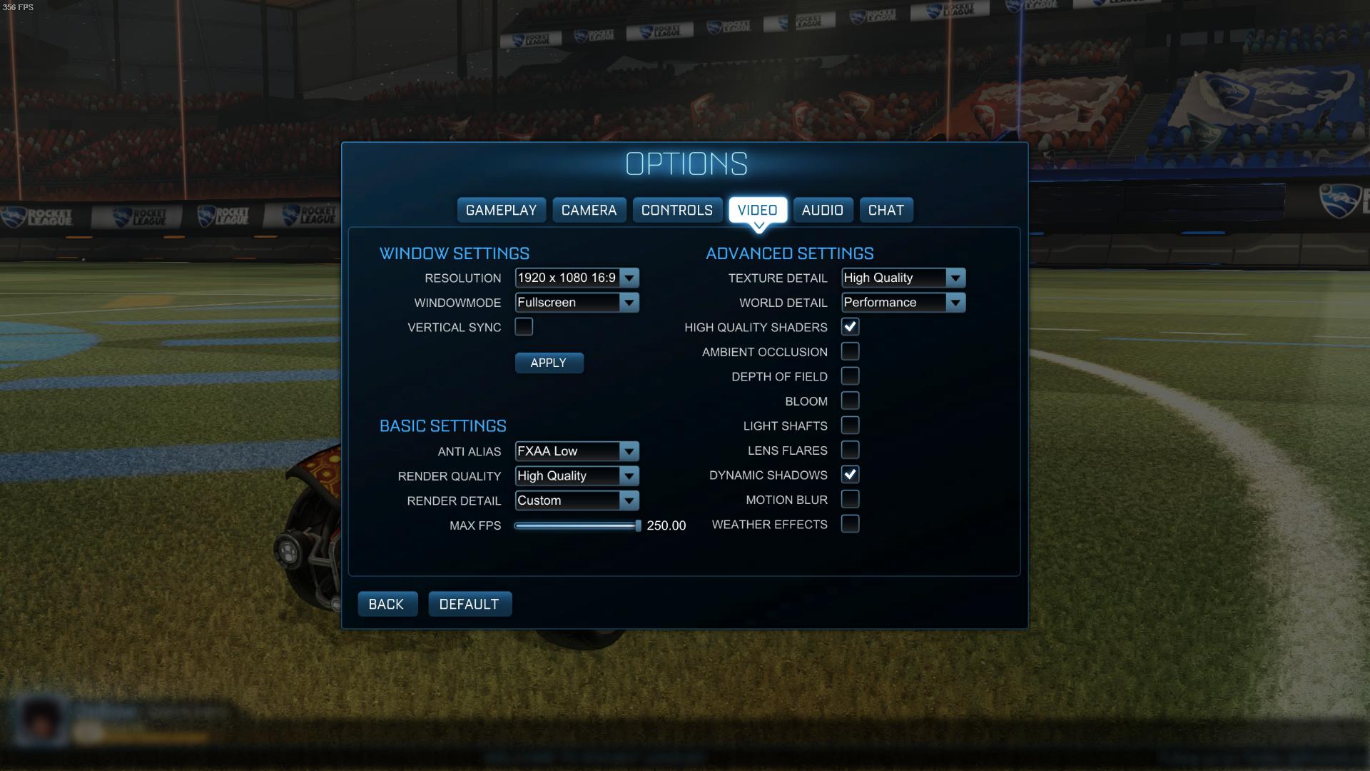 Launch Rocket League and go to the Options menu.
Go to the Video tab and reduce the settings for Texture Quality, Shadow Quality, Effects Quality, and Anti-Aliasing.