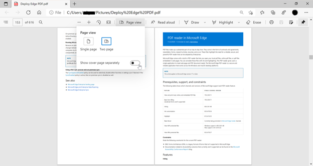 Microsoft Edge PDF viewer settings page