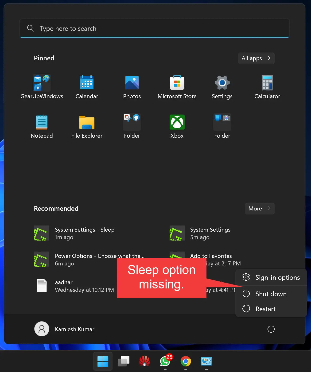 Monitor power and sleep settings menu.