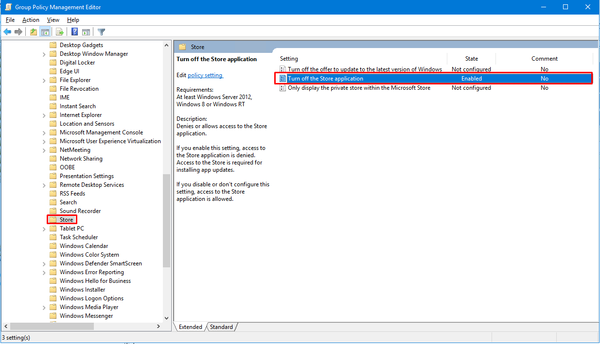 Navigate to Computer Configuration &gt; Administrative Templates &gt; Windows Components &gt; Store
Double-click on Turn off the Store application