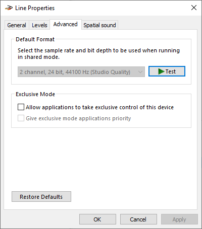 Navigate to the "Advanced" tab and uncheck the box next to "Allow applications to take exclusive control of this device".
Click "Apply" and then "OK" to save the changes.