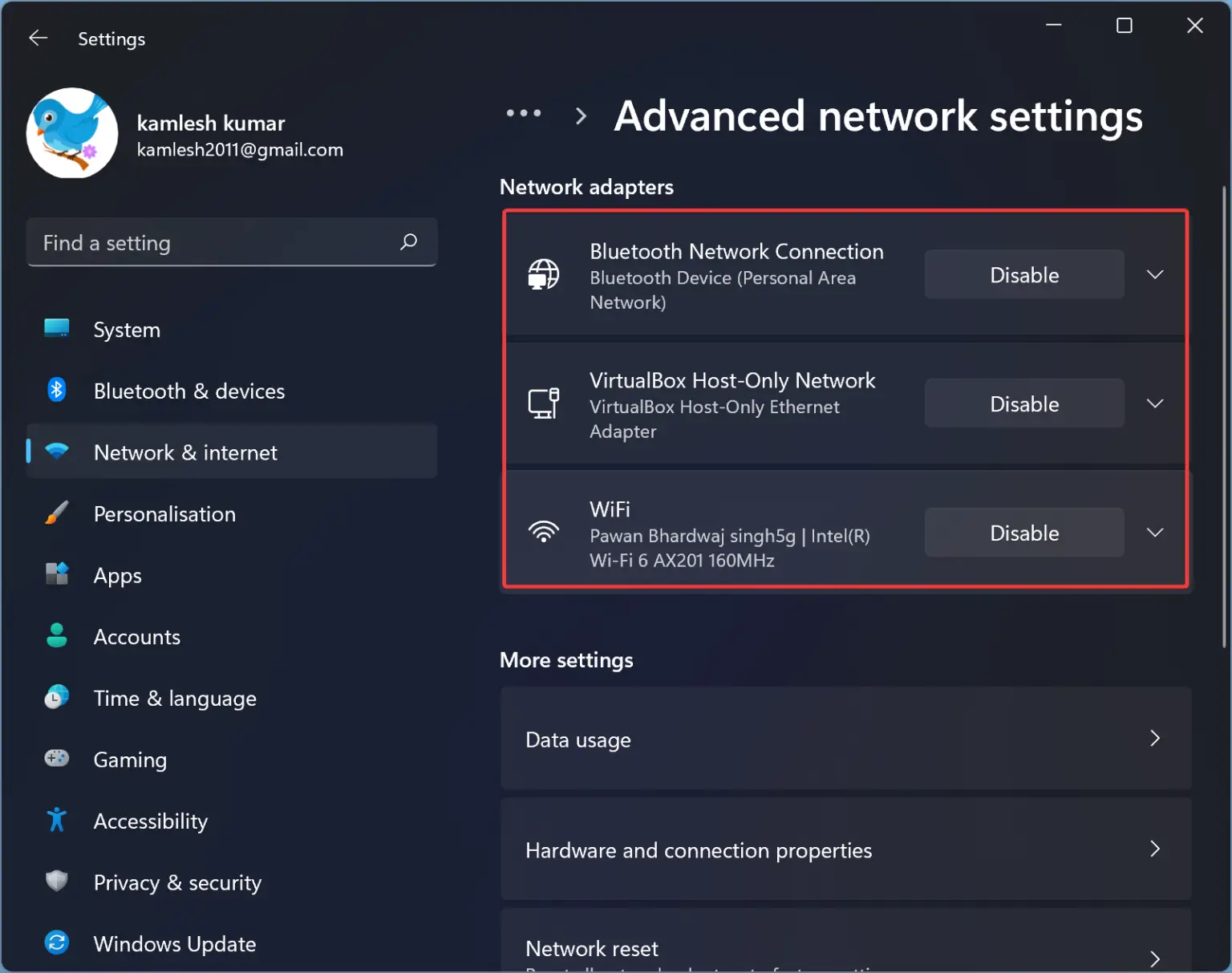 Network adapter settings page