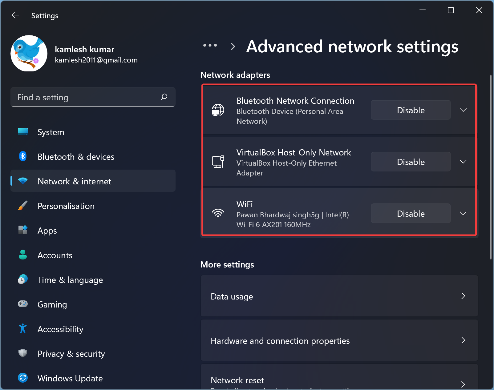 Network and adapter settings