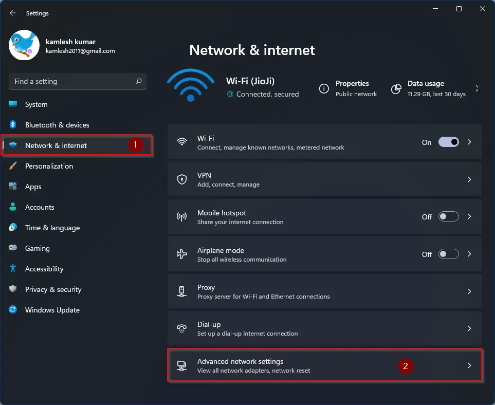 Network settings menu on Windows 10