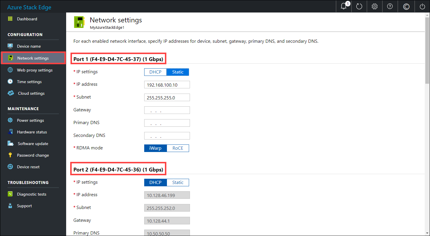 Network settings page.