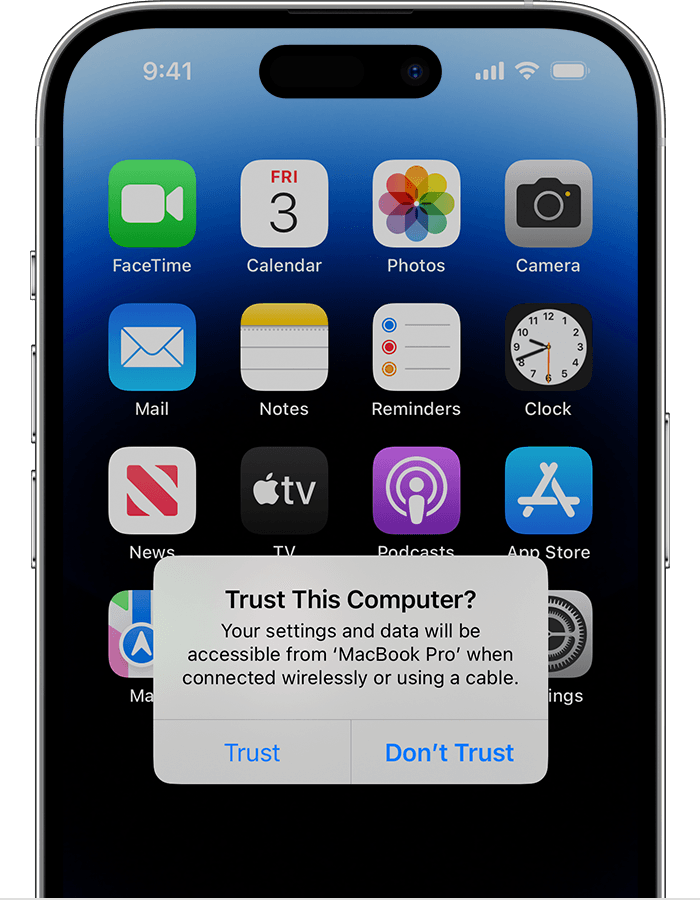 On the iPhone, when prompted with a Trust This Computer message, tap on Trust.
If the prompt does not appear, unlock the iPhone and reconnect it to the computer.