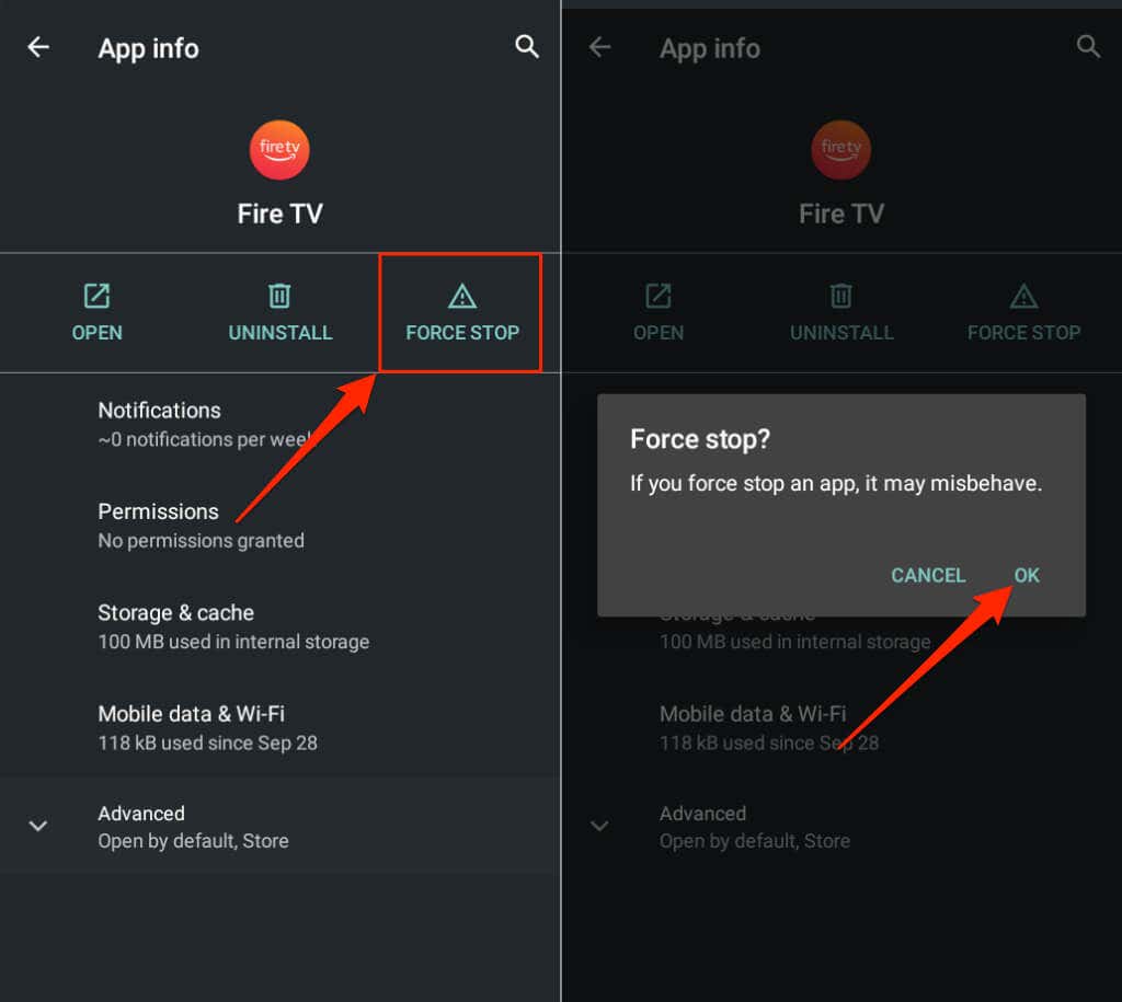 On your mobile device, go to Settings > Apps > Fire TV Remote App.
Select "Force Stop" to stop the app from running.