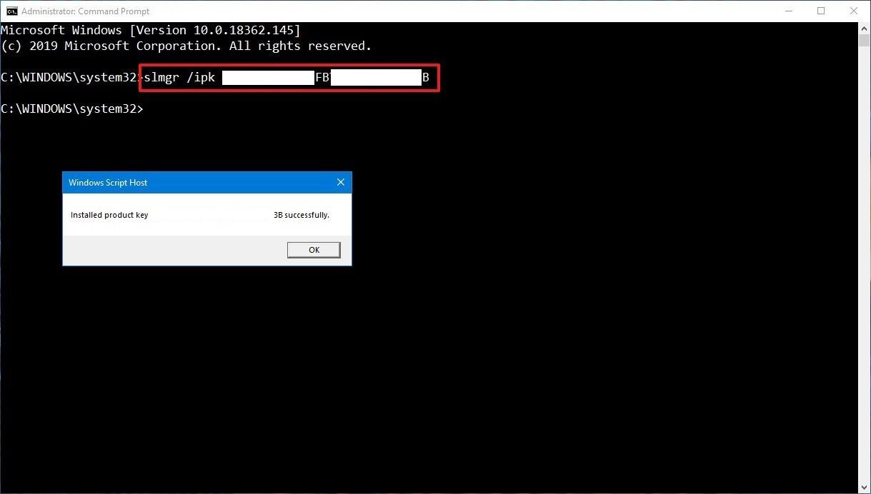 Open Command Prompt as an administrator by searching for it in the Start Menu, right-clicking on it, and selecting "Run as administrator".
Type the command slmgr /ipk your_product_key and press Enter. Replace "your_product_key" with your actual product key.
