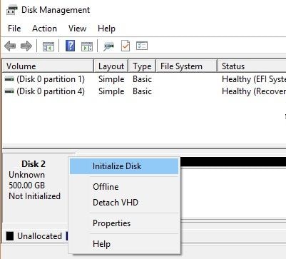 Open Disk Management by pressing Win+X and selecting Disk Management from the menu.
If the disk shows as "Not Initialized," right-click on it and select Initialize Disk.