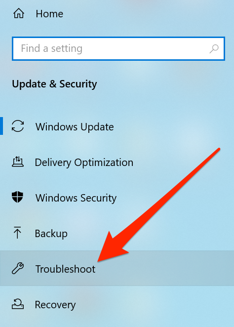 Open Settings by pressing Win+I and select "Update & Security."
Click on "Troubleshoot" in the left sidebar.