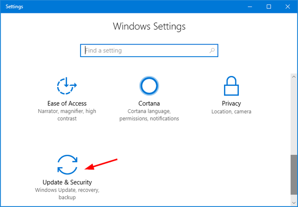 Open Settings by pressing Windows + I 
 Click on Update &amp; Security