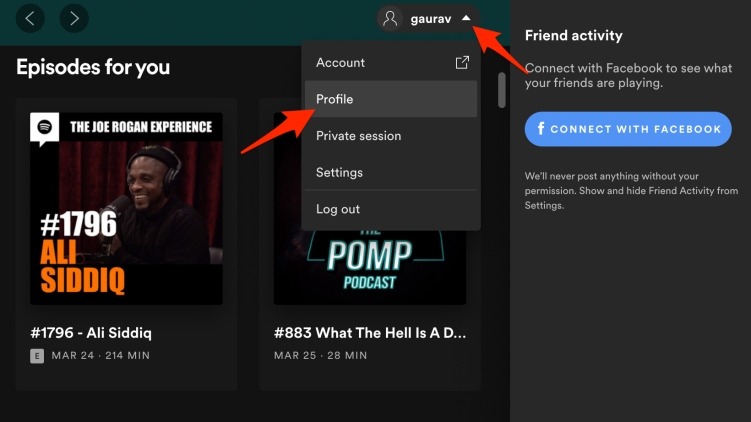 Open Spotify and click on the arrow next to your username.
Select "Settings" from the drop-down menu.