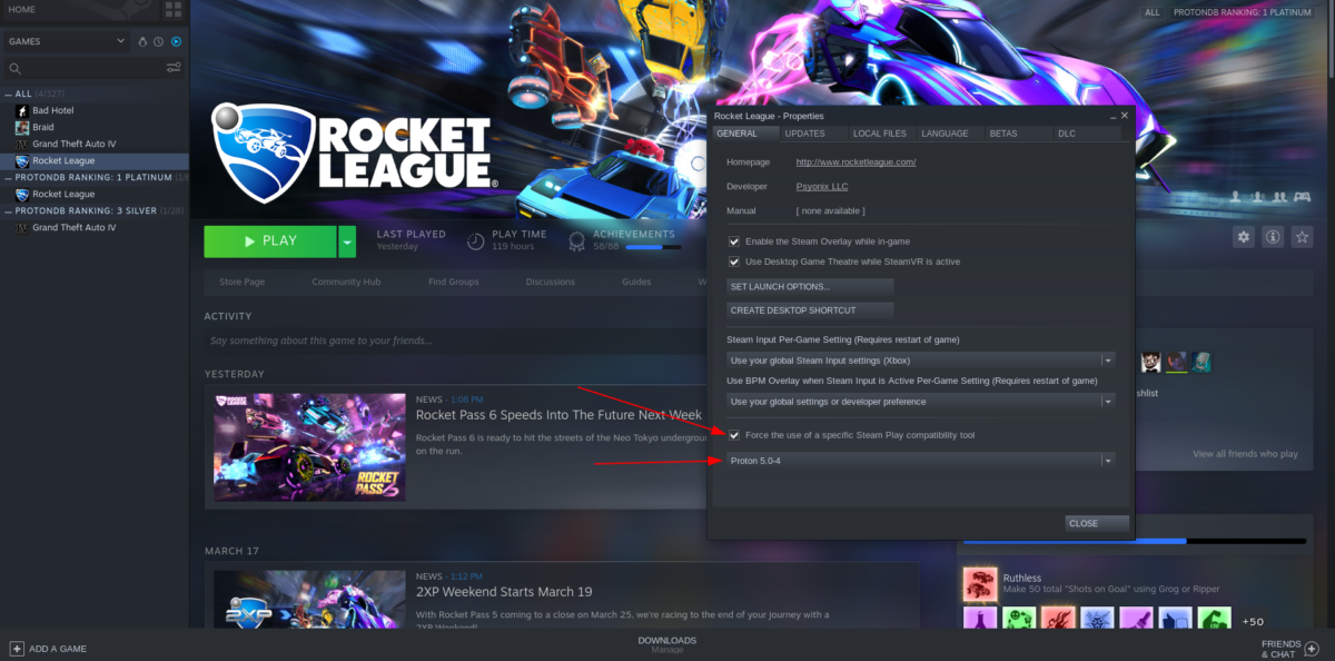 Open Steam and go to your Library.
Right-click on Rocket League and select Properties.