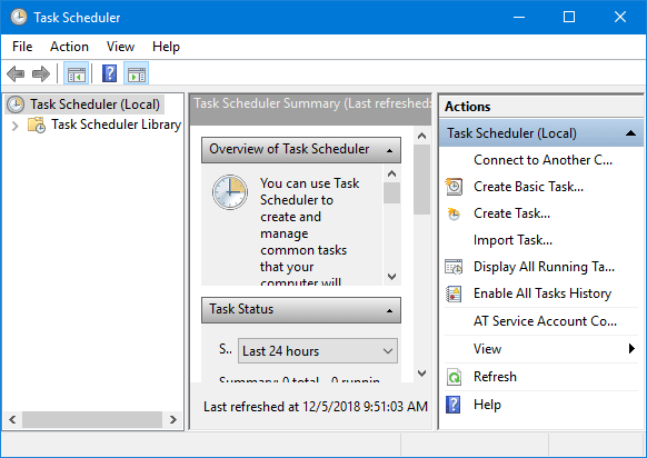 Open Task Scheduler by pressing Windows Key + R, typing "taskschd.msc" in the Run dialog box, and then clicking OK.
In the Task Scheduler window, expand the Task Scheduler Library folder.