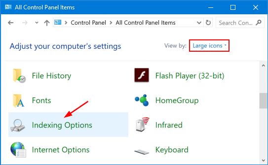 Open the Control Panel
Click on Indexing Options