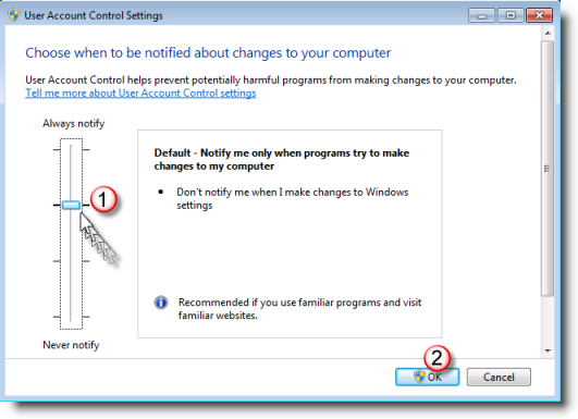 Open the Control Panel.
Search for "User Account Control" and click on "Change User Account Control settings".