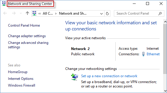 Open the Control Panel
Select "Network and Internet" and then "Network and Sharing Center"