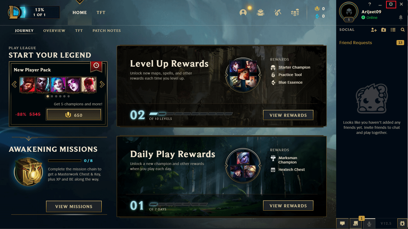 Open the League of Legends client.
Click on the "Settings" (gear) icon in the top right corner.