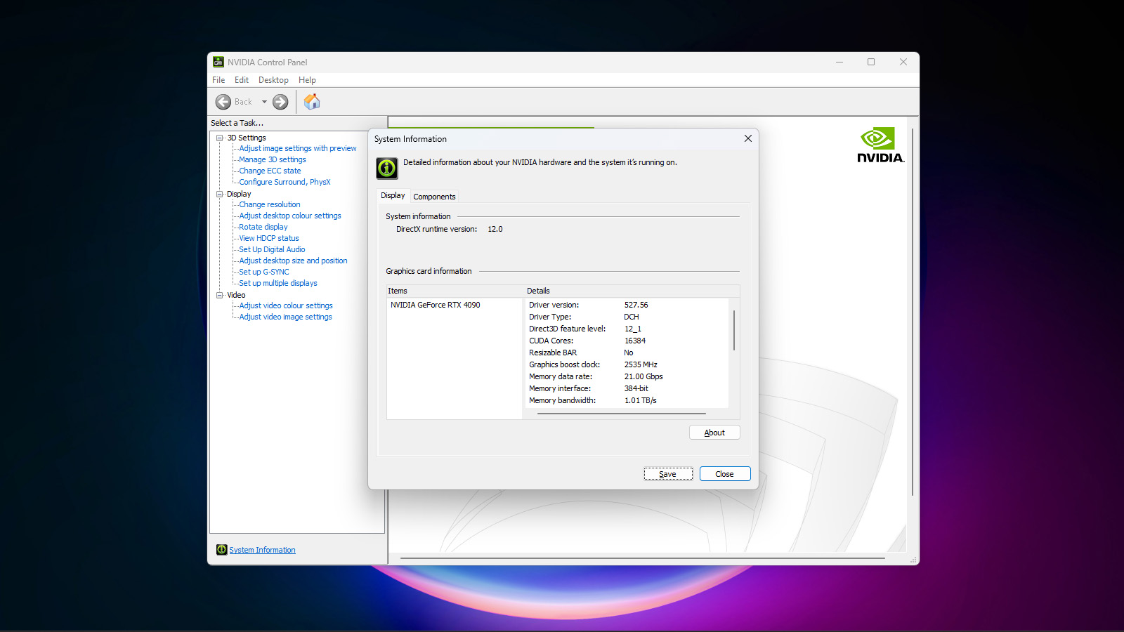 Open the Nvidia Control Panel.
Click on "Help" and select "System Information."