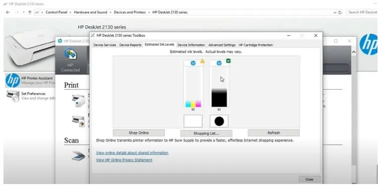 Open the printer software or control panel.
Locate the ink levels or maintenance tab.