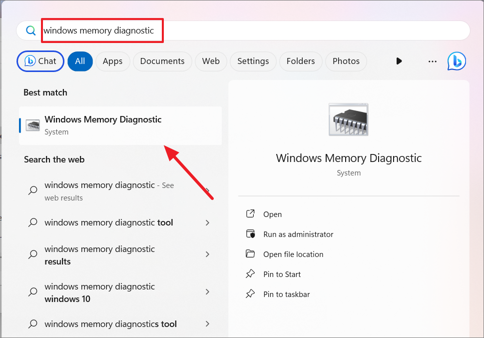 Open the Start menu and type "memory" in the search bar.
Select "Windows Memory Diagnostic" from the search results.
