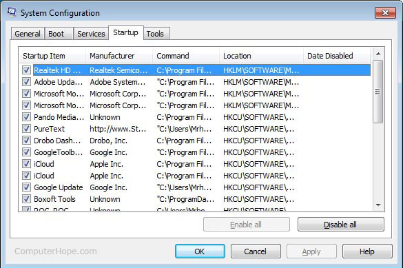 Open the "System Configuration" utility by pressing Windows Key + R and typing "msconfig".
Navigate to the "Startup" tab and uncheck any unwanted programs.