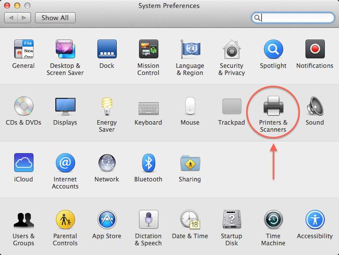 Open the "System Preferences" on your Mac.
Click on "Printers & Scanners."