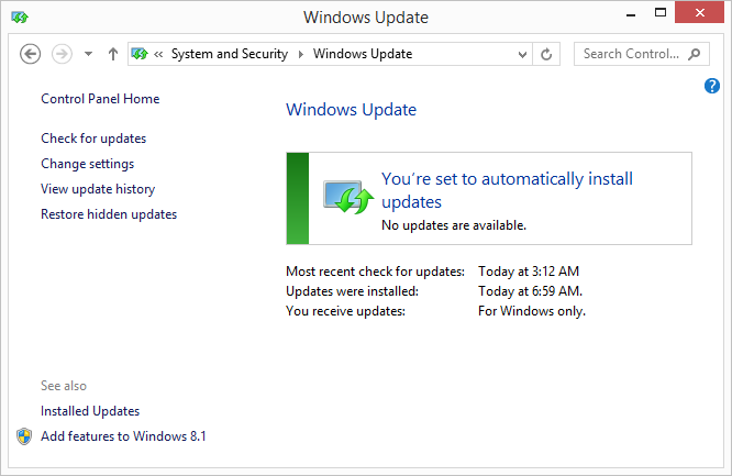 Open Windows Update in Control Panel
Check for updates and install any available