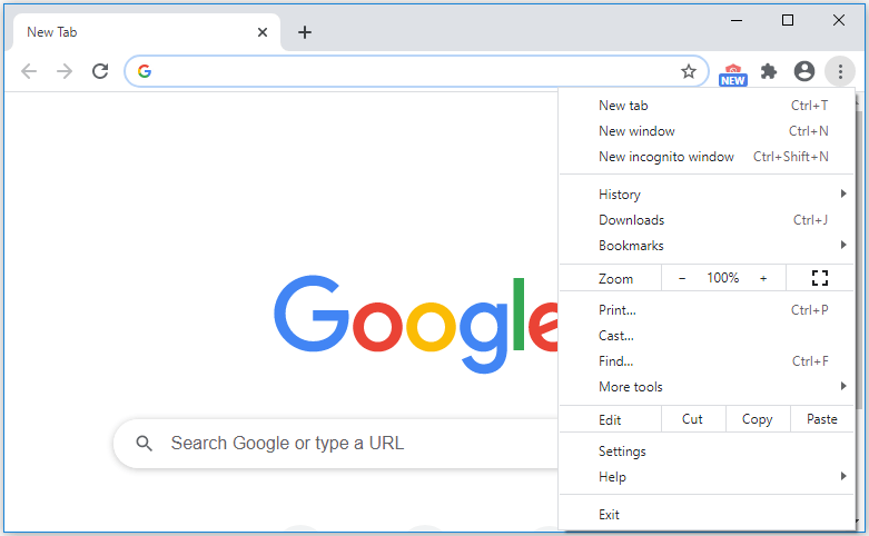 Open your browser and click on the three-dot menu button in the upper right corner.
Select Settings from the drop-down menu.