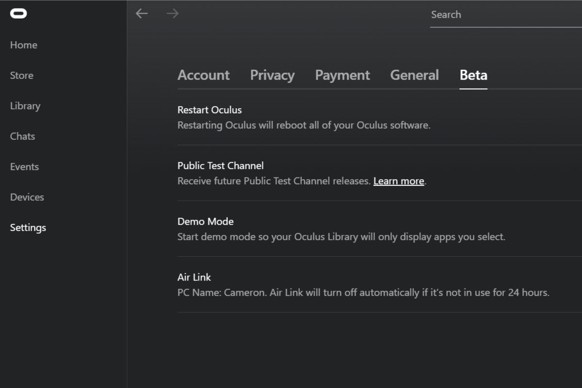 Open your Oculus PC app
Go to "Devices" and select your Oculus Quest 2