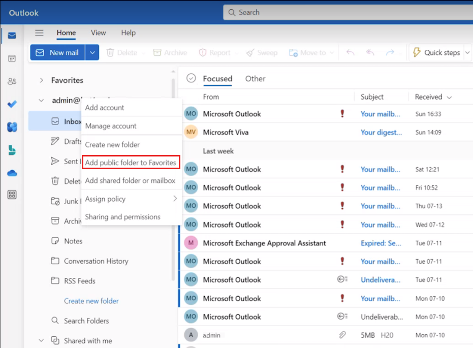 Outlook 2016 interface with email folders