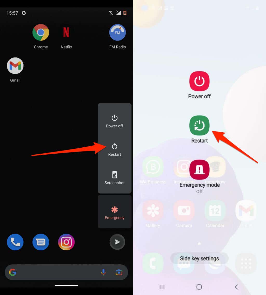 Press and hold the Power button on your Android phone.
In the power options menu, tap and hold on the Power Off or Restart option.