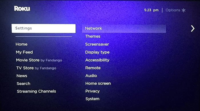Press the Home button on your Roku remote and navigate to Settings
Select System and then Advanced System Settings