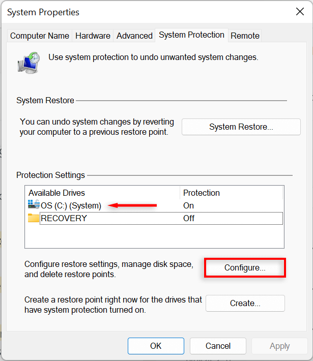 Press the Windows key and type System Restore. Select Create a restore point from the search results.
In the System Properties window, click on the System Restore button.