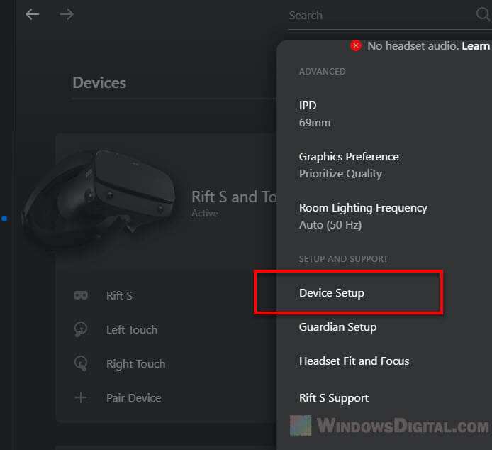 Put on the Oculus Quest headset and navigate to the "Settings" menu.
Select the "Device" tab and then choose "Audio".