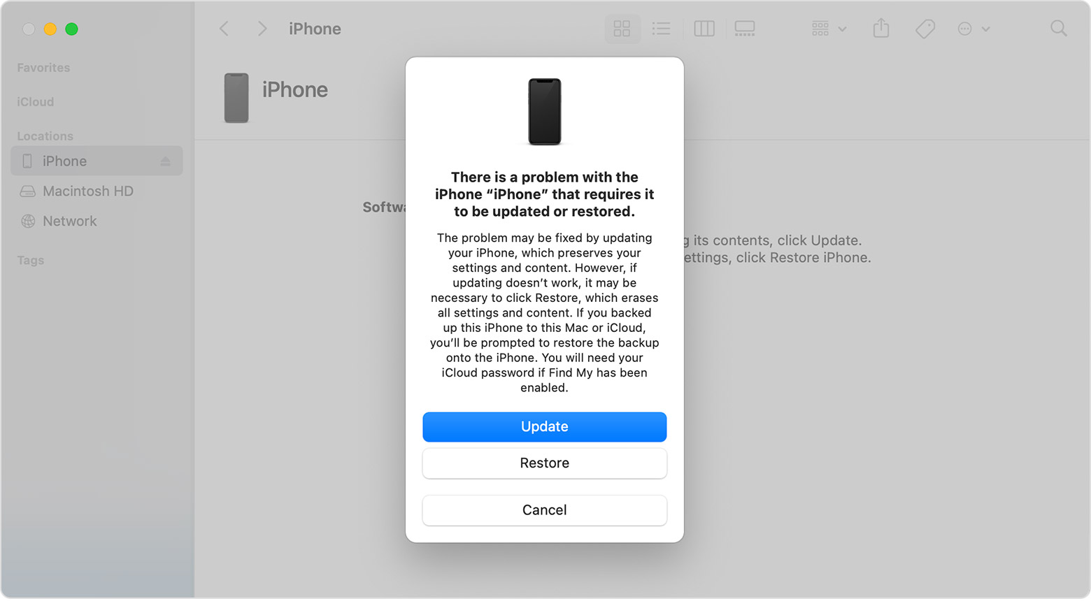 Read and confirm the warning message that appears, stating that your iPhone will be restored to its factory settings.
Click on the "Restore and Update" button to proceed.