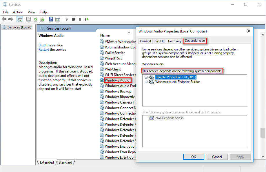Repeat the same process for the Windows Audio Endpoint Builder service.
Close the Services window and restart your computer.