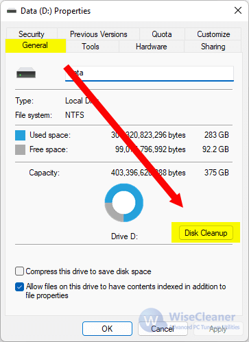 Right-click on the drive and choose Properties.
In the General tab, click on Disk Cleanup.