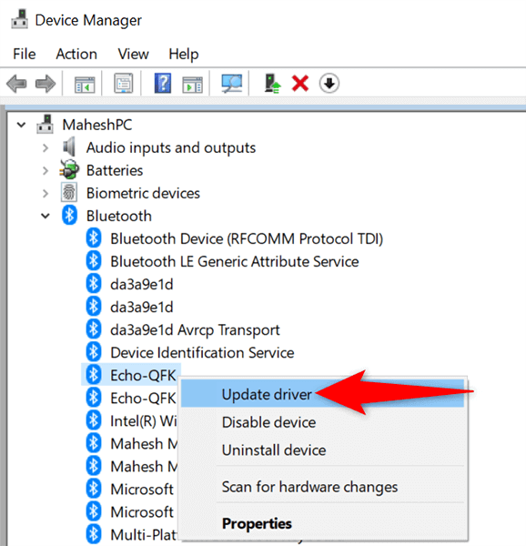 Right-click on the problematic Bluetooth device.
Select Update driver or Uninstall device from the context menu.