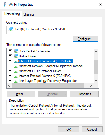 Right-click on the Wi-Fi network you're connected to and select Properties.
In the Wi-Fi Properties window, scroll down and double-click on Internet Protocol Version 4 (TCP/IPv4).
