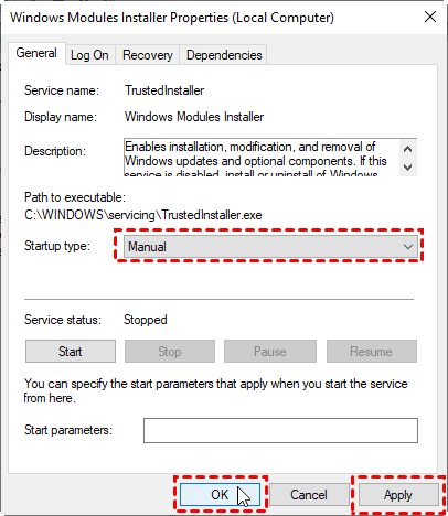 Right-click on Windows Modules Installer and select Properties.
In the Properties window, change the Startup type to Disabled.