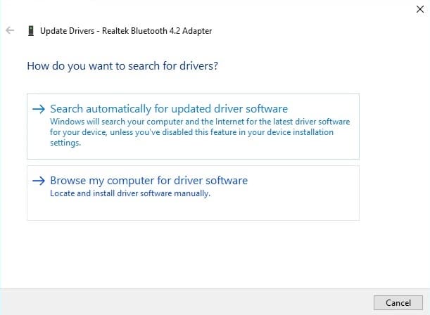 Right-click on your Bluetooth adapter and choose Update driver.
Select Search automatically for updated driver software.